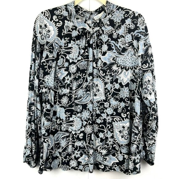 C&C California Women's Top 1X Black Blue White Floral Blouse Shirt Mock Neck L/S - Picture 1 of 8